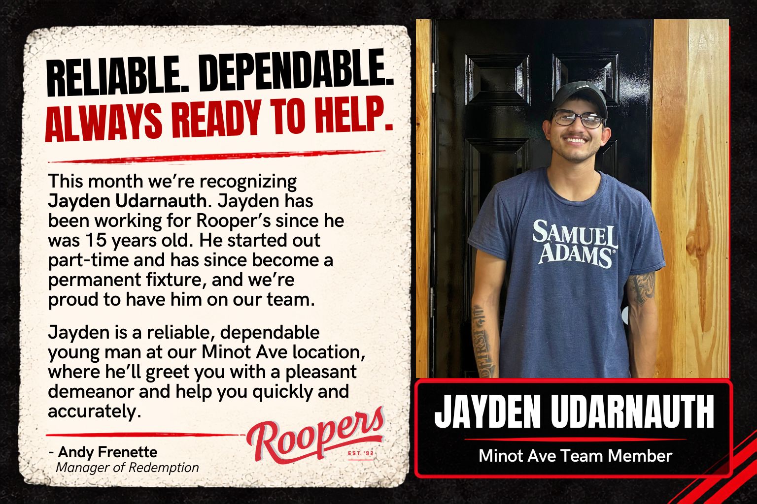 Original Jayden Udarnauth recognition graphic, with a message from Andy Frenette. The full message is available as text below.