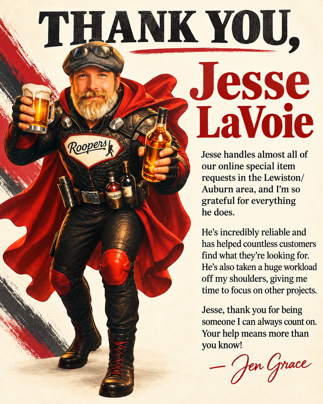 Original thank-you artwork for Jesse LaVoie, signed by Jen Grace. The full letter is also available as text below.
