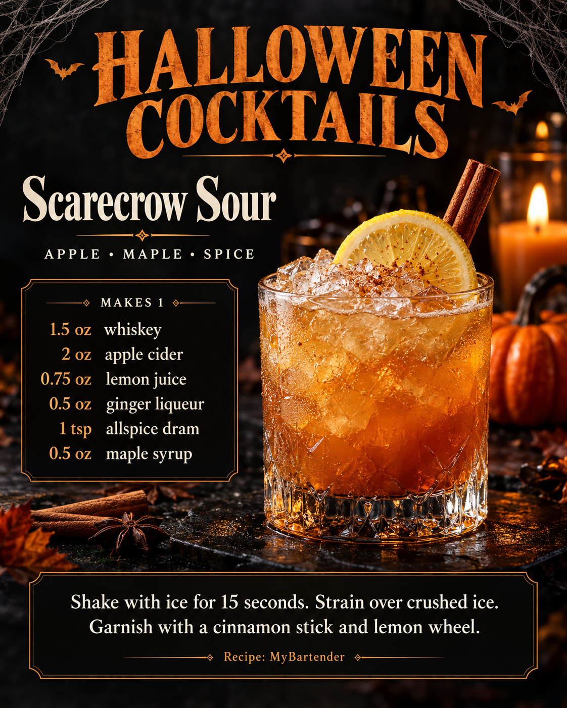 Original Scarecrow Sour Halloween cocktail recipe artwork. A readable recipe follows.