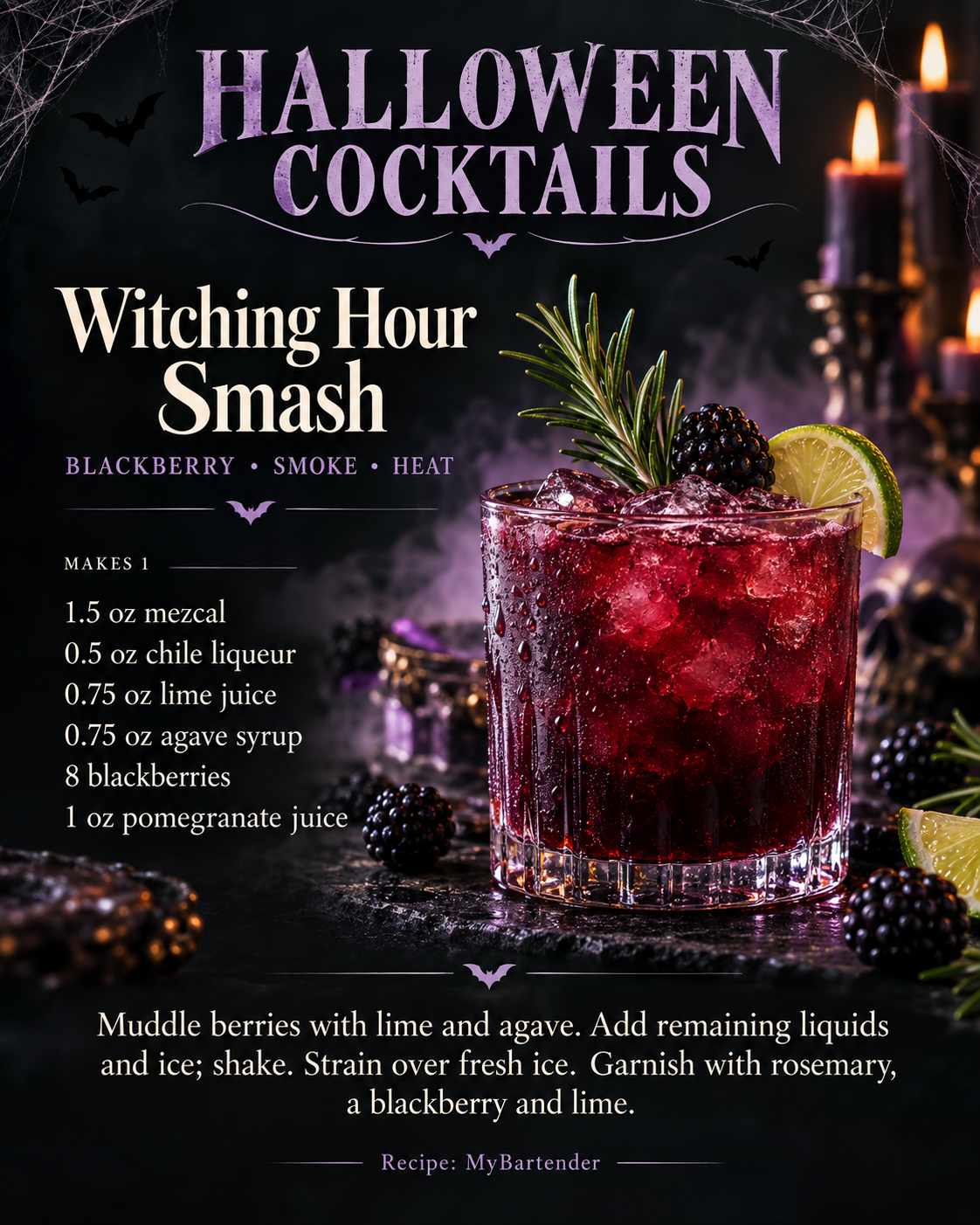 Original Witching Hour Smash Halloween cocktail recipe artwork. A readable recipe follows.